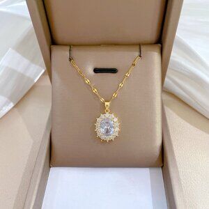 3/$35 Gold Plated Copper Pendant Chain Necklace Clear Crystal Diamond Jewelry